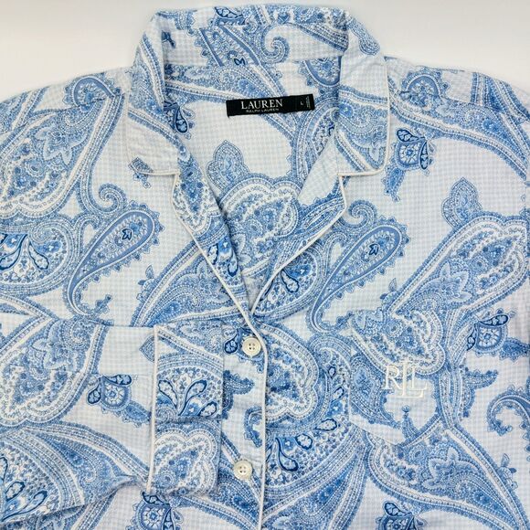 Lauren Ralph Lauren Women's Large Sleepshirt Blue Paisley Button Up Cotton - Picture 1 of 9